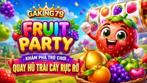 Banner GAKING79 Fruit Party với các loại trái cây hoạt hình nhiều màu sắc, hiệu ứng ánh sáng rực rỡ, nền nhiệt đới và giao diện quay hũ nổi bật.