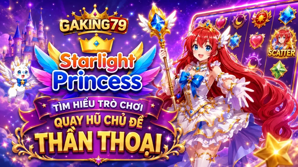 Banner GAKING79 Starlight Princess với công chúa thần thoại giữa bầu trời sao, mây phát sáng, hiệu ứng tím xanh hồng và các biểu tượng fantasy nổi bật.
